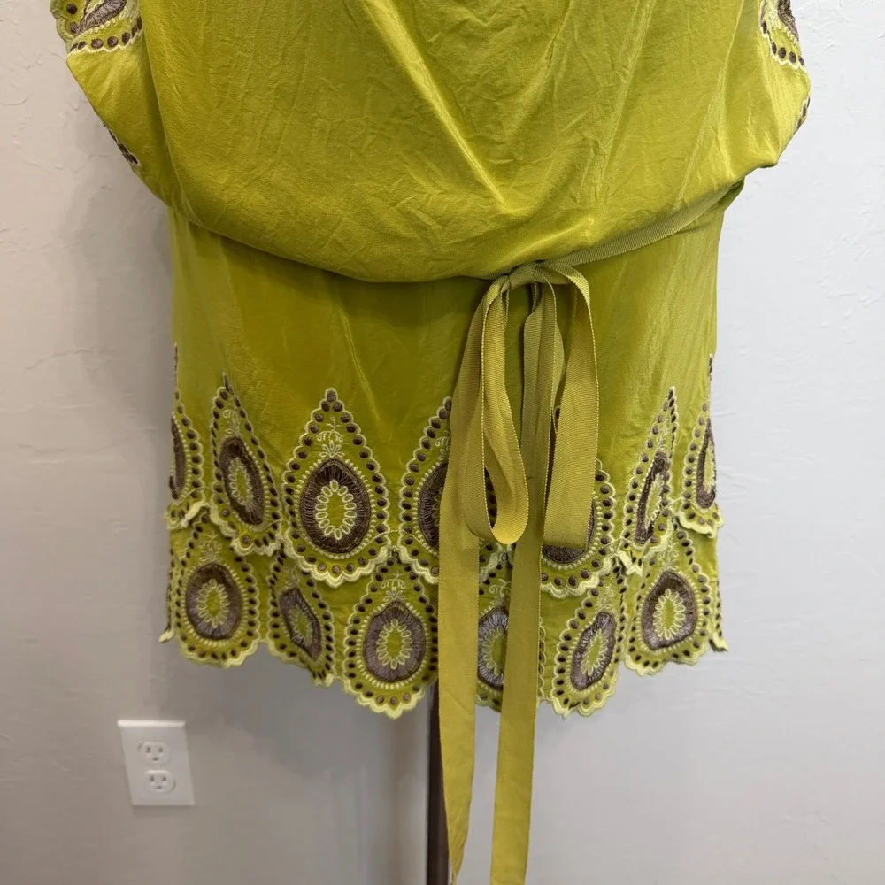 BCBGMAXAZRIA S Runway Silk Dress Chartreuse Green Embroidered Eyelet Luxury